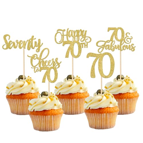 Xsstarmi 30 Stück Gold Happy 70th Birthday Cupcake Toppers Glitter 70 Fabulous Cheers to 70 Years Old Cupcake Food Picks for Happy 70th Birthday Wedding Anniversary Party Cake Decorations von Xsstarmi