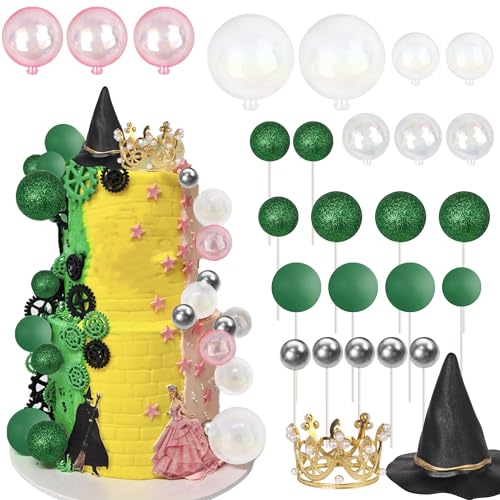 Xsstarmi 30 Stück Magic Witch Theme Cake Topper Dekorationen Rosa Grün Luftballons Krone Hexenhut Kuchen Pick für Hexe Zauberer Thema Babyparty Geburtstag Halloween Party Kuchen Dekorationen von Xsstarmi