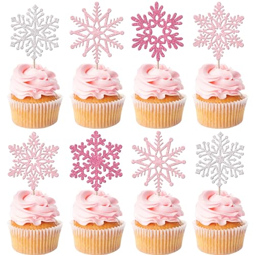 Xsstarmi 30 Stück Schneeflocken-Cupcake-Topper Glitzer Winter Frozen Thema Schneeflocke Cupcake Picks für Babyparty Geburtstag Neujahr Weihnachten Party Kuchen Dekorationen Supplies Mix Pink von Xsstarmi