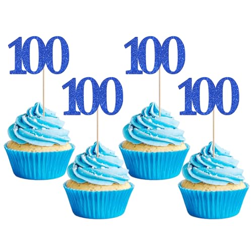 Xsstarmi Cupcake-Aufsätze, Zahl 100, glitzernd, "Cheers to 100 Years", Cupcake-Picks, Dekoration für 100. Geburtstag, Hochzeit, Jahrestag, Party, Kuchendekorationen, Blau, 36 Stück von Xsstarmi