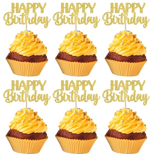 Xsstarmi Cupcake-Aufsätze "Happy Birthday", glitzernd, für Babyparty, HBD-Schild, Cupcake-Picks für Jungen, Mädchen, Kindergeburtstag, Party, Kuchendekorationen, Zubehör, Gold, 30 Stück von Xsstarmi