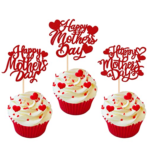 Xsstarmi Cupcake-Aufsätze "Happy Mother's Day", glitzerndes Herz, beste Mutter, Cupcake-Picks für Happy Mother's Day Thema, Muttertag, Geburtstag, Party, Kuchendekorationen, Zubehör, Rot, 30 Stück von Xsstarmi