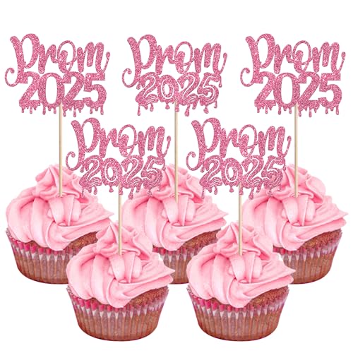 Xsstarmi Cupcake-Aufsätze für Abschlussball 2025, rosa Glitzer, Klasse 2025, Congrats Grad, Cupcake-Picks für Abschlussball 2025, Party-Kuchendekorationen, Zubehör, 24 Stück von Xsstarmi