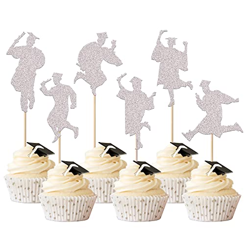 Xsstarmi Cupcake-Aufsätze für Abschlussfeier 2023, Glitzer, Klasse von 2023, für Jungen und Mädchen, Abschlussfeier, Diplom, Cupcake-Picks, Dekorationen für Happy 2023, 24 Stück, Silber von Xsstarmi