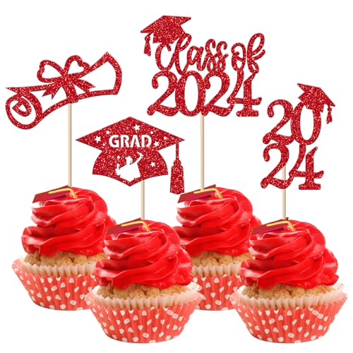 Xsstarmi Cupcake-Aufsätze für Abschlussfeier 2024, Abschlussfeier, Vorspeisen, 2024 Grad, Diplom, Cupcake-Picks für Abschlussfeier, Party, Kuchendekoration, Rot, 36 Stück von Xsstarmi