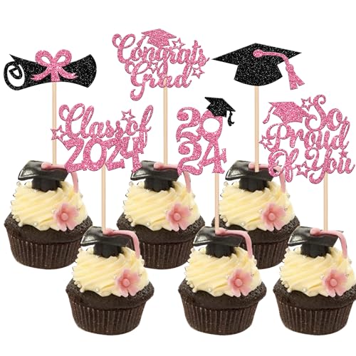 Xsstarmi Cupcake-Aufsätze mit Aufschrift "Congrats Grad 2024", glitzernd, Diplom-Grad-Kappe, Cupcake-Picks, "So Proud of You", Cupcake-Dekorationen für Abschlussfeier 2024, Rosa, 36 Stück von Xsstarmi