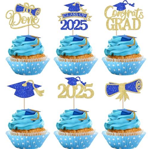 Xsstarmi Cupcake-Aufsätze mit Aufschrift "Congrats Grade", Glitzer-Diplom Done Class of 2025, Cupcake-Picks für Abschlussball 2025, Abschlussfeier, Party, Kuchendekorationen, Zubehör, Blau, Gold, 24 von Xsstarmi