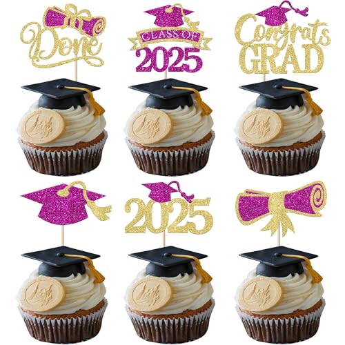 Xsstarmi Cupcake-Aufsätze mit Aufschrift "Congrats Grade", Glitzer-Diplom Done Class of 2025, Cupcake-Picks für Abschlussball 2025, Abschlussfeier, Party, Kuchendekorationen, Zubehör, Violett, Gold von Xsstarmi