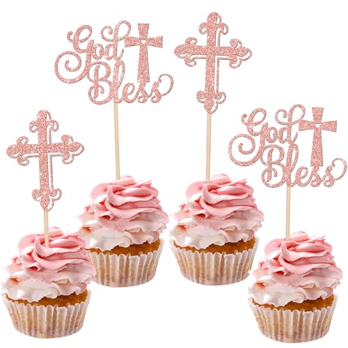 Xsstarmi Cupcake-Aufsätze mit Aufschrift "God Bless", glitzerndes Kreuz, Babytaufe, Cupcake-Picks für Erstkommunion, Babyparty, Geburtstag, Party, Kuchendekorationen, Zubehör, Roségold, 24 Stück von Xsstarmi