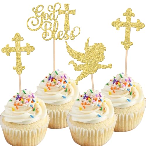 Xsstarmi Cupcake-Aufsätze mit Aufschrift "God Bless", glitzerndes Kreuz, für christliche Jungen, Taufe, Kuchendekorationen für Erstkommunion, Babyparty, Geburtstag, Party, Gold, 24 Stück von Xsstarmi