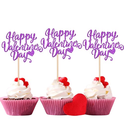 Xsstarmi Cupcake-Aufsätze mit Aufschrift "Happy Valentine's Day", glitzernd, Herzmotiv, Valentinstag, Cupcake-Picks, Dekoration für Valentinstag, Geburtstag, Party, Kuchendekorationen, Zubehör, 24 von Xsstarmi