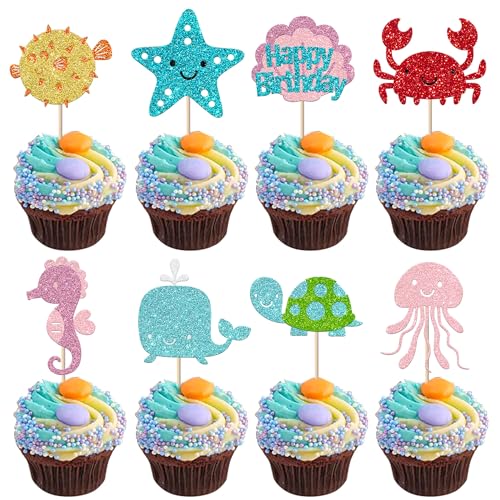 Xsstarmi Cupcake-Aufsätze mit Ozean-Tieren, Glitzer, Cartoon-Wal, Schildkröte, Seestern, Quallen, Cupcake-Picks für unter dem Meer, Babyparty, Kindergeburtstag, Party, Kuchendekoration, mehrfarbig, 24 Xsstarmi Cupcake-Aufsätze mit Ozean-Tieren, Glitzer, Cartoon-Wal, Schildkröte, Seestern, Quallen, Cupcake-Picks für unter dem Meer, Babyparty, Kindergeburtstag, Party, Kuchendekoration, mehrfarbig, 24 von Xsstarmi