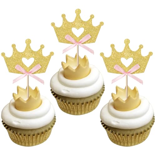 Xsstarmi Cupcake-Aufsätze mit goldener Schleife, Glitzer, Prinzessinnenkrone, Cupcake-Picks für Babyparty, Kindergeburtstag, Party, Kuchendekorationen, Zubehör, 24 Stück Xsstarmi Cupcake-Aufsätze mit goldener Schleife, Glitzer, Prinzessinnenkrone, Cupcake-Picks für Babyparty, Kindergeburtstag, Party, Kuchendekorationen, Zubehör, 24 Stück von Xsstarmi