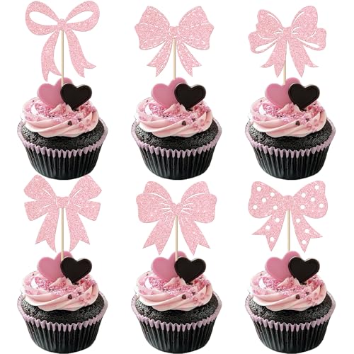 Xsstarmi Cupcake-Aufsätze mit rosa Schleife, glitzernd, gepunktet, Prinzessinnenschleife, Cupcake-Picks für Babyparty, Kinder, Mädchen, Geburtstag, Hochzeit, Party, Kuchendekorationen, Zubehör, 24 von Xsstarmi