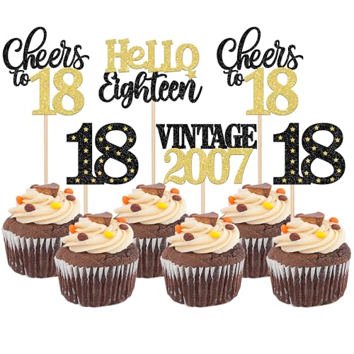 Xsstarmi Cupcake-Aufsätze zum 18. Geburtstag, 18. Geburtstag, Schwarz / Gold, Glitzer, 18 Hello Eighteen Vintage 2007, Cupcake-Picks, Cheers to 18, Kuchendekorationen für 18. Geburtstag, Partyzubehör Xsstarmi Cupcake-Aufsätze zum 18. Geburtstag, 18. Geburtstag, Schwarz / Gold, Glitzer, 18 Hello Eighteen Vintage 2007, Cupcake-Picks, Cheers to 18, Kuchendekorationen für 18. Geburtstag, Partyzubehör von Xsstarmi