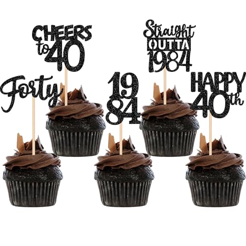 Xsstarmi Cupcake-Aufsätze zum 40. Geburtstag, glitzernd, 40. Geburtstag, 30 Stück, Schwarz, 30 Stück von Xsstarmi