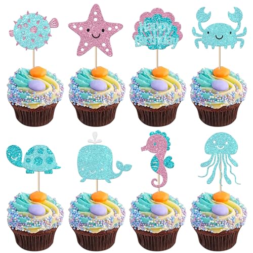 Xsstarmi Cupcake-Topper, Ozean-Tiere, hellblau, Glitzer, Cartoon-Wal, Schildkröte, Seestern, Quallen, Cupcake-Picks für unter dem Meer, Babyparty, Kindergeburtstag, Party, Kuchendekoration, 24 Stück Xsstarmi Cupcake-Topper, Ozean-Tiere, hellblau, Glitzer, Cartoon-Wal, Schildkröte, Seestern, Quallen, Cupcake-Picks für unter dem Meer, Babyparty, Kindergeburtstag, Party, Kuchendekoration, 24 Stück von Xsstarmi