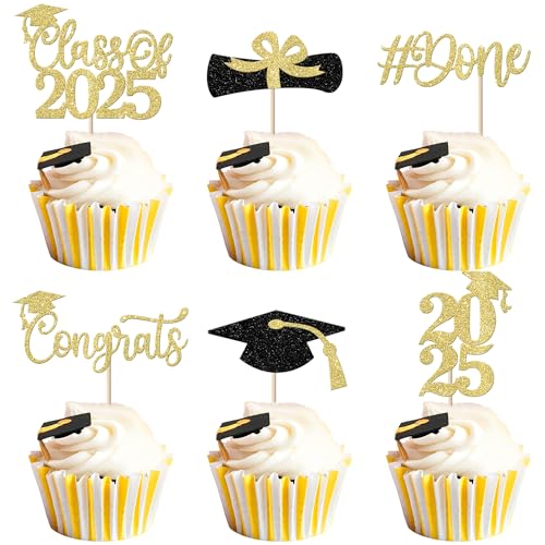 Xsstarmi Cupcake-Topper, goldfarben, glitzernd, Diplom Done, Cupcake-Picks, Klasse 2025, Kuchendekorationen für Abschlussfeier 2025, Kuchendekoration, 24 Stück Xsstarmi Cupcake-Topper, goldfarben, glitzernd, Diplom Done, Cupcake-Picks, Klasse 2025, Kuchendekorationen für Abschlussfeier 2025, Kuchendekoration, 24 Stück von Xsstarmi
