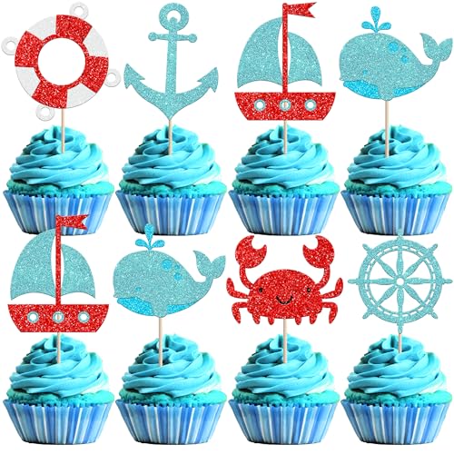 Xsstarmi Cupcake-Topper, nautische Cupcake-Aufsätze, Glitzer, Ozean, Segeln, Geburtstag, Cupcake, Zahnstocher, für Babyparty, Geburtstagsparty, Kuchendekoration, Seeblau, 24 Stück Xsstarmi Cupcake-Topper, nautische Cupcake-Aufsätze, Glitzer, Ozean, Segeln, Geburtstag, Cupcake, Zahnstocher, für Babyparty, Geburtstagsparty, Kuchendekoration, Seeblau, 24 Stück von Xsstarmi
