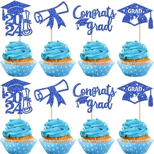 Xsstarmi Cupcake-Topper 2023, glitzernd, mit Aufschrift "Congrats", Abschlussfeier, Cupcake-Essenspieße, 2023, Abschlussfeier, Kuchendekorationen für Klasse 2023, Abschlussfeier, Partyzubehör, Blau, von Xsstarmi