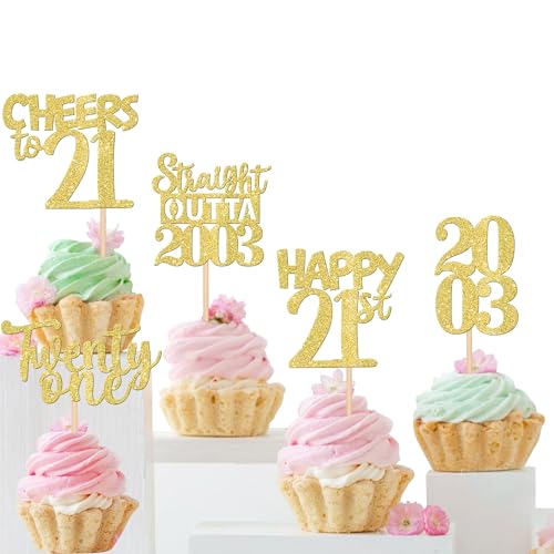 Xsstarmi Cupcake-Topper "Happy 21st Birthday", goldfarben, glitzernd, 2003, Cupcake-Picks, Cheers to 21 Years Kuchendekorationen für 21. Geburtstag, Jahrestag, Partyzubehör, 30 Stück von Xsstarmi