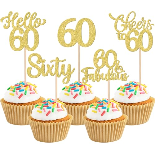 Xsstarmi Cupcake-Topper "Happy 60th Birthday", goldfarben, glitzernd, Hello 60, Fabulous Fifty Birthday, Cupcake-Picks, Cheers to 60 Years Kuchendekorationen für Happy 60th Birthday Partyzubehör, 30 Xsstarmi Cupcake-Topper "Happy 60th Birthday", goldfarben, glitzernd, Hello 60, Fabulous Fifty Birthday, Cupcake-Picks, Cheers to 60 Years Kuchendekorationen für Happy 60th Birthday Partyzubehör, 30 von Xsstarmi