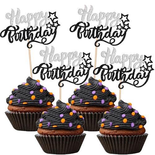 Xsstarmi Cupcake-Topper "Happy Birthday", glitzernd, für Babyparty, Geburtstagsparty, Kuchendekoration, silberfarben, schwarz, 24 Stück von Xsstarmi