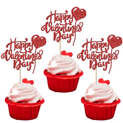 Xsstarmi Cupcake-Topper "Happy Valentine's Day", glitzernd, mit Luftballon, süßes Herz, Cupcake-Picks, Liebesthema, Kuchendekorationen für Valentinstag, Hochzeit, Jahrestag, Geburtstag, Partyzubehör, von Xsstarmi