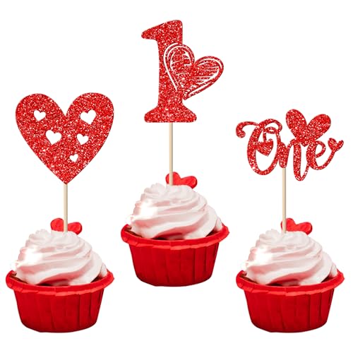 Xsstarmi Cupcake-Topper "Happy Valentine's Day" zum 1. Geburtstag, glitzernd, für Valentinstag, Babyparty, erster Geburtstag, Kuchendekoration, Rosa, 24 Stück von Xsstarmi