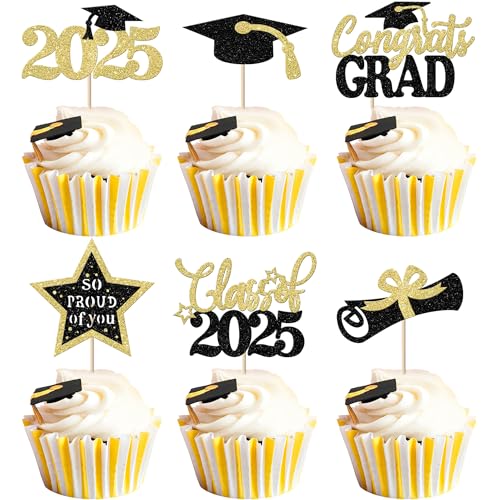 Xsstarmi Cupcake-Topper für Abschlussfeier 2025, goldfarbene Glitzerkappe, Diplom, Congrats Grad Klasse 2025, Cupcake-Picks, Dekorationen für "So Proud of You" 2025, 24 Stück von Xsstarmi
