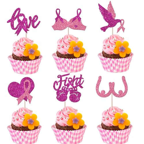 Xsstarmi Cupcake-Topper für Brustkrebs-Bewusstsein, Glitzer, Pink, Power-Hope-Band, Kuchendekorationen, Kampf gegen Glauben Krebsfrei, Cupcake-Picks für rosa Band, Party-Kuchendekorationen, Zubehör, von Xsstarmi