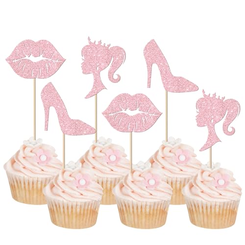 Xsstarmi Cupcake-Topper für Mädchen, Therme, Geburtstag, Glitzer, Lippe, High Heel, Prinzessinnen-Puppenkopf, Cupcake-Picks, Dekorationen für Babyparty, Babyparty, Geburtstag, Party, von Xsstarmi