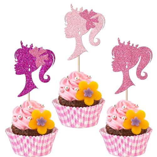 Xsstarmi Cupcake-Topper für Mädchen, mit rosa Glitzer, Prinzessinnen-Puppenkopf, Cupcake-Zahnstocher, Geburtstagskuchendekorationen für Brautparty, Geburtstag, Party, Dekorationen, 24 Stück von Xsstarmi
