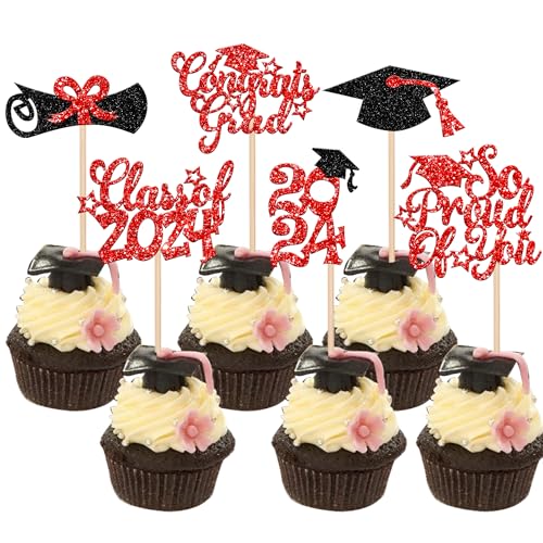 Xsstarmi Cupcake-Topper mit Glitzer-Grad 2024, Cupcake-Aufsätze, Klasse 2024, Cupcake-Picks für Diplom Done So Proud of You 2024, Abschlussfeier, Party, Kuchendekorationen, Zubehör, Rot, 36 Stück von Xsstarmi
