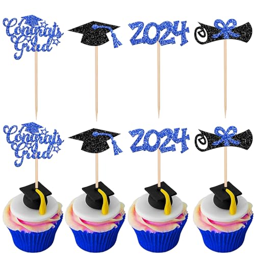 Xsstarmi Cupcake-Topper mit Glitzer-Motiv, für Abschlussfeier, Abschlussfeier, Party, Kuchendekoration, Blau, 24 Stück von Xsstarmi
