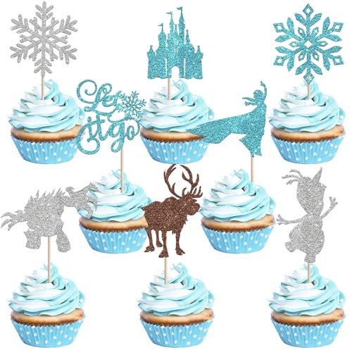 Xsstarmi Cupcake-Topper mit Glitzer-Schneeflocke, Eiskönigin, Elch, Cupcake-Picks für Winterwunderland-Thema, Babyparty, Kindergeburtstag, Weihnachten, Party, Kuchendekorationen, Zubehör, 24 Stück von Xsstarmi