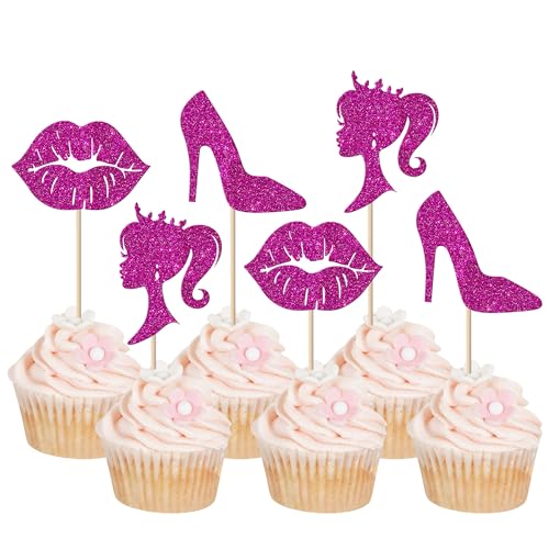 Xsstarmi Cupcake-Topper mit rosa Glitzer, Prinzessinnen-Motiv, Puppenkopf, Lippe, High Heel, Cupcake-Topper, Mädchen, Geburtstag, Motto, Cupcake-Picks für Babyparty, Mädchen, Geburtstagsparty, von Xsstarmi