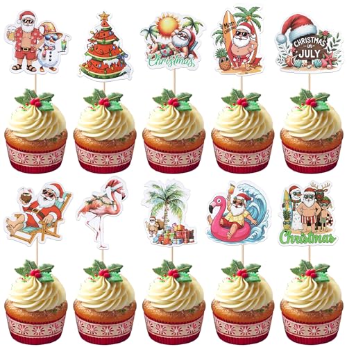 Xsstarmi Cupcake-Topper mit tropischen Hawaii-Weihnachtsmotiven, Sommer, Strand, Flamingo, Cupcake-Picks für den Sommer, tropische Frohe Weihnachten, Party, Kuchendekorationen, 40 Stück von Xsstarmi