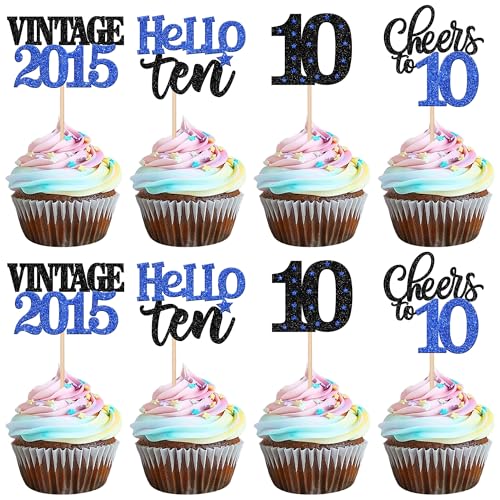 Xsstarmi Cupcake-Topper zum 10. Geburtstag, mit blauem Glitzer, 10 x Hello Ten Vintage 2015, Cupcake-Picks, Cheers to 10 Birthday Kuchendekorationen für 10 fabelhafte Happy 10th Birrthday-Partyzubehör von Xsstarmi
