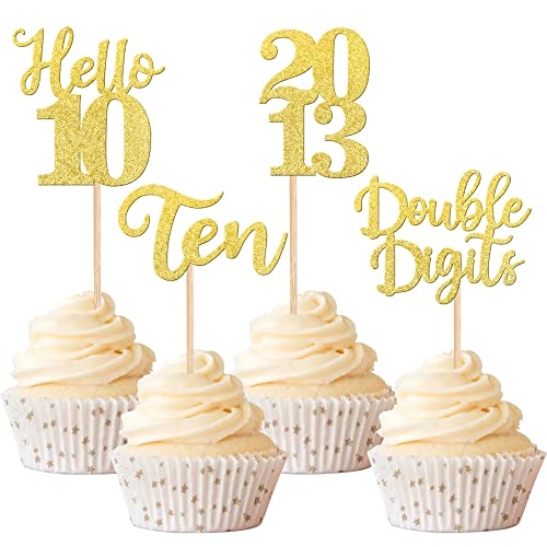 Xsstarmi Cupcake-Topper zum 10. Geburtstag, seit 2013, Nummer Ten Hello 10 Years Old Cupcake-Picks, süße 10 Kuchendekorationen für 10. Geburtstag, Hochzeit, Jahrestag, Partyzubehör, Gold, 24 Stück von Xsstarmi