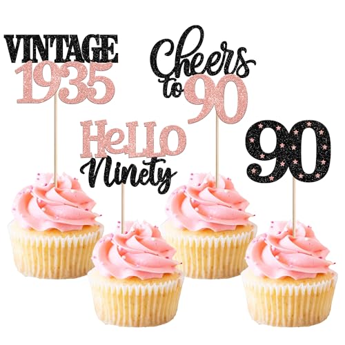 Xsstarmi Cupcake-Topper zum 90. Geburtstag, glitzernd, 24 Stück, Hello Ninty Vintage 1935, Cupcake-Picks, Cheers to 90, Kuchendekorationen für 90 Fabulous Happy 90th Birrthday Partyzubehör, Roségold Xsstarmi Cupcake-Topper zum 90. Geburtstag, glitzernd, 24 Stück, Hello Ninty Vintage 1935, Cupcake-Picks, Cheers to 90, Kuchendekorationen für 90 Fabulous Happy 90th Birrthday Partyzubehör, Roségold von Xsstarmi