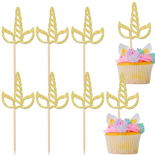 Xsstarmi Einhorn-Cupcake-Topper, Glitzer, Einhorn-Cupcake-Picks, Einhorn-Pferd, Cupcake-Dekorationen für Babyparty, Hochzeit, Geburtstag, Party, Kuchendekorationen, Gold, 24 Stück von Xsstarmi
