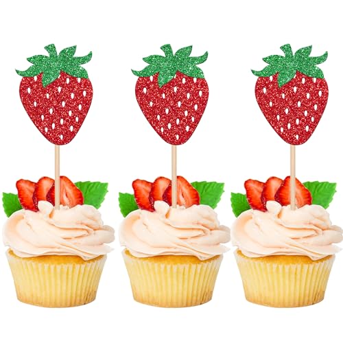 Xsstarmi Erdbeer-Cupcake-Aufsätze, glitzernd, süße Früchte, Cupcake-Picks, Dekoration für rote Früchte, Erdbeere, Babyparty, Kinder, Jungen, Mädchen, Geburtstagsparty, Kuchendekorationen, Zubehör, 24 von Xsstarmi