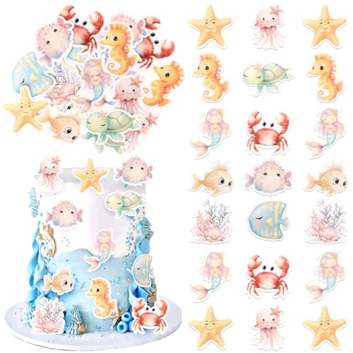 Xsstarmi Essbare Cupcake-Topper mit Ozean-Tiermotiven, Reispapier, unter dem Meer, Geburtstag, Cupcake-Picks für Ozean-Thema, Babyparty, Kindergeburtstag, Party, Kuchendekorationen, Zubehör, 60 Stück von Xsstarmi