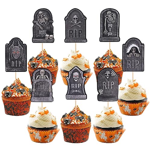 Xsstarmi Halloween-Grabstein-Cupcake-Topper, doppelseitig, schrecklich, Grabstein, Skelett, Cupcake-Picks für Happy Halloween, Geburtstagsparty, Kuchendekorationen, Zubehör, 32 Stück Xsstarmi Halloween-Grabstein-Cupcake-Topper, doppelseitig, schrecklich, Grabstein, Skelett, Cupcake-Picks für Happy Halloween, Geburtstagsparty, Kuchendekorationen, Zubehör, 32 Stück von Xsstarmi