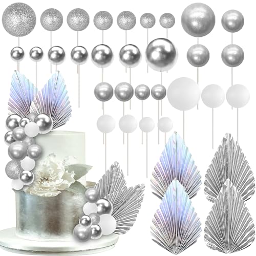 Xsstarmi Luftballon-Kuchenaufsatz, silberfarbene Glitzerkugeln, Papierpalmenfächer, Kuchenpicker für Babyparty, Hochzeit, Brautparty, Geburtstagsparty, DIY-Kuchendekorationen, 32 Stück von Xsstarmi