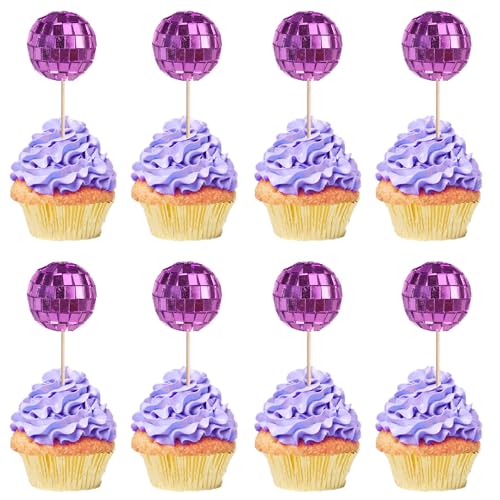 Xsstarmi Mini-Discokugeln, Kuchendekoration, 70er-Jahre-Retro-Disco-Thema, Kuchendekoration für Babyparty, Geburtstag, 70er-Jahre-Motto-Party, Kuchendekorationen, Lila, 24 Stück von Xsstarmi