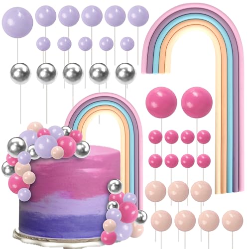 Xsstarmi Regenbogen-Kuchenaufsatz-Dekorationsset mit Luftballons, Schaumstoffkugeln, Kuchenpicker für Babyparty, Geburtstag, Jahrestag, Party, Kuchendekorationen, Zubehör, Lila, 28 Stück von Xsstarmi