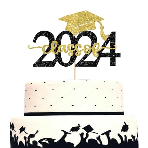 Xsstarmi Tortenaufsatz 2024, glitzernd, goldfarben, schwarz, Congrats Grad, Kuchendekoration für Abschlussfeier 2024, Kuchendekoration, 1 Packung von Xsstarmi