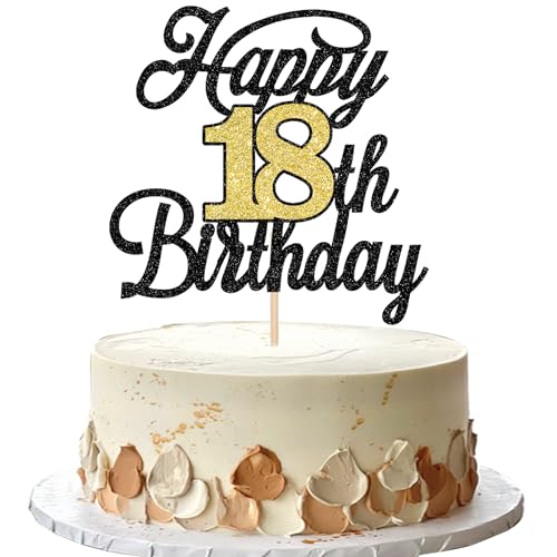 Xsstarmi Tortenaufsatz "Happy 18th Birthday", glitzernd, Aufschrift "Hello 18 Cheers to 18 Years", Kuchendekorationen für Happy 18th Birthday Anniversary Partyzubehör, Schwarz / Gold, 1 Packung von Xsstarmi